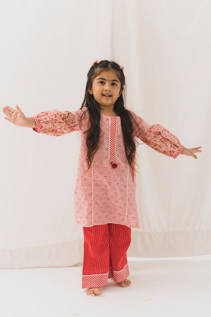Aarvi Cotton Kurta Pant Set – Pink/Red ( 2 Year to 12 Year)