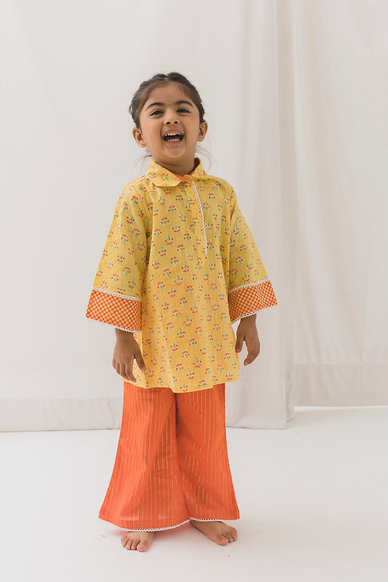 Yashvi Cotton Kurta Pant Set-Yellow/Orange ( 2 Year to 12 Year)