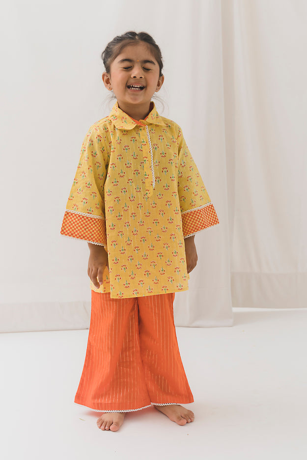 Yashvi Cotton Kurta Pant Set-Yellow/Orange ( 2 Year to 12 Year)