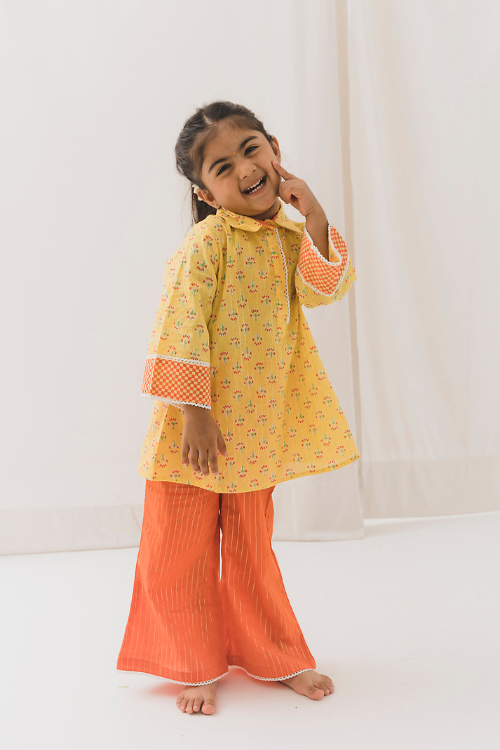 Yashvi Cotton Kurta Pant Set-Yellow/Orange ( 2 Year to 12 Year)