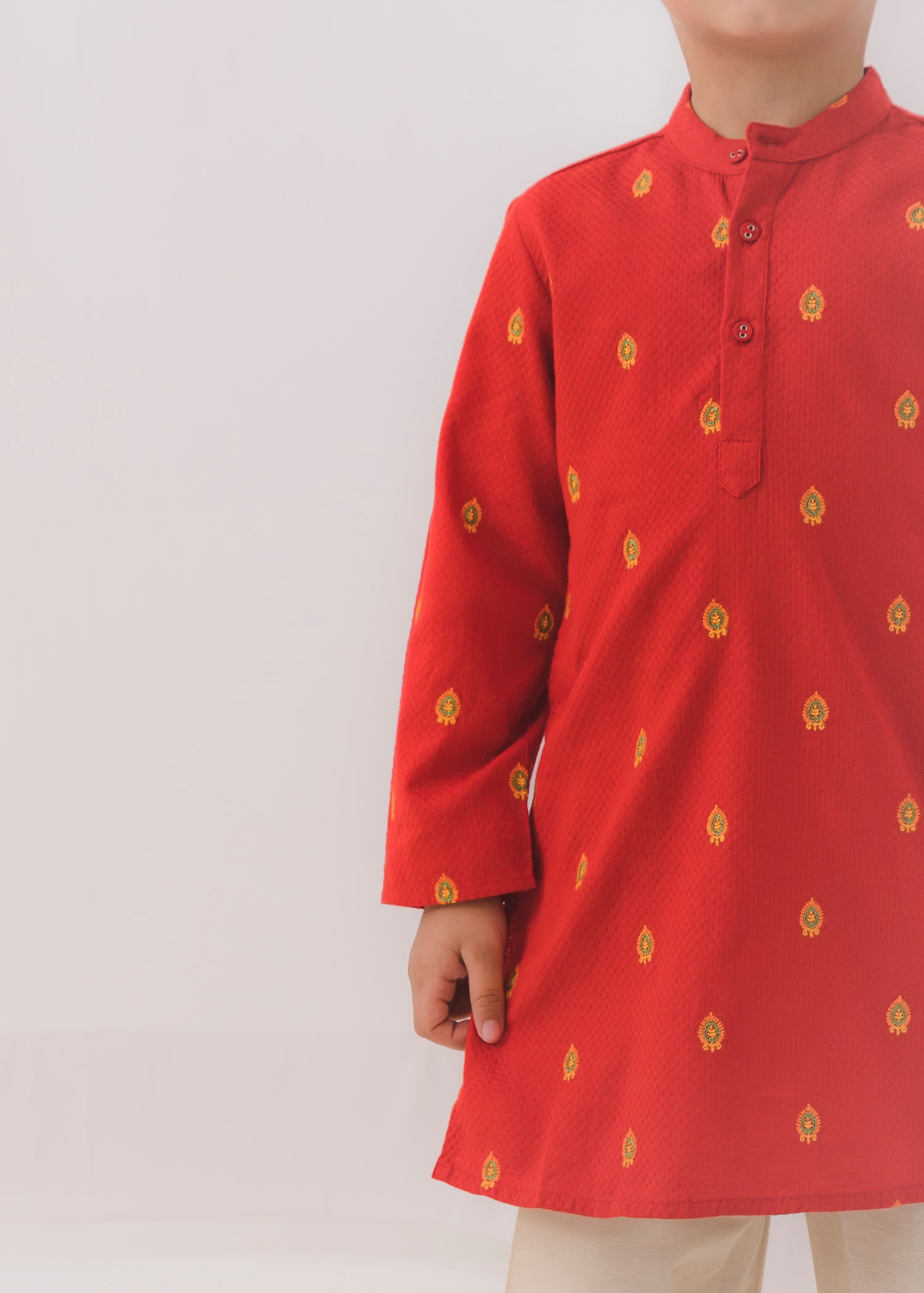 Embroidered Dobby Cotton Kurta-Red (6 Month to 14 Year)