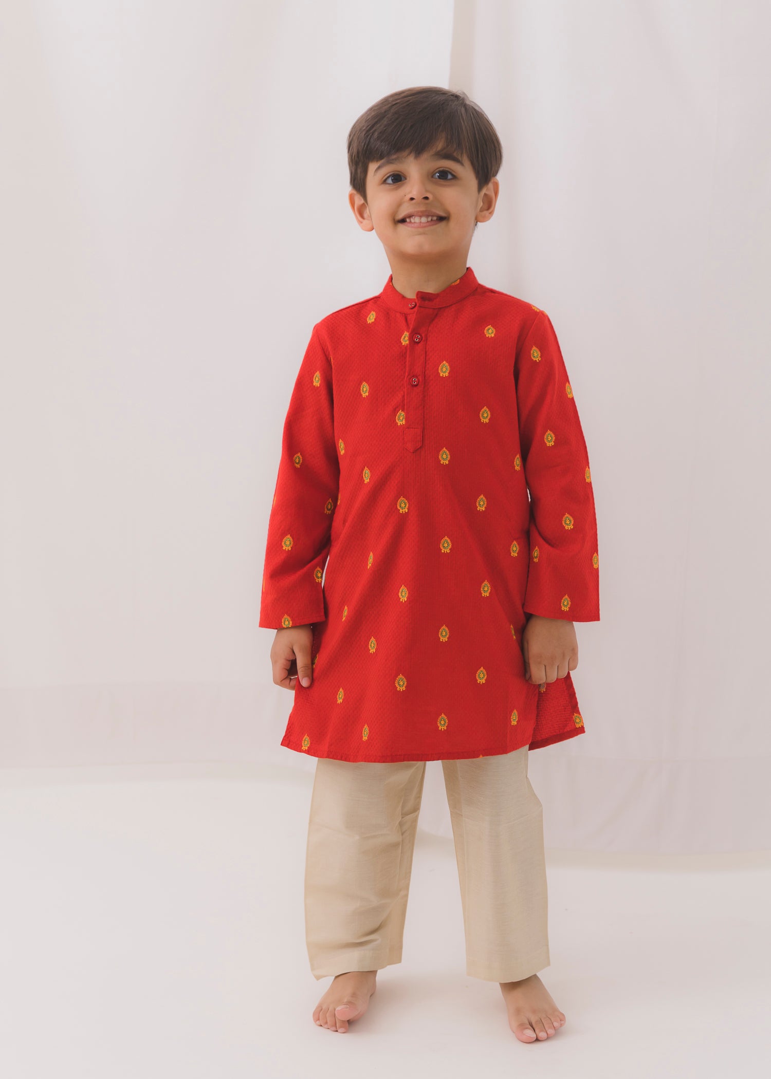 Embroidered Dobby Cotton Kurta-Red (6 Month to 14 Year)