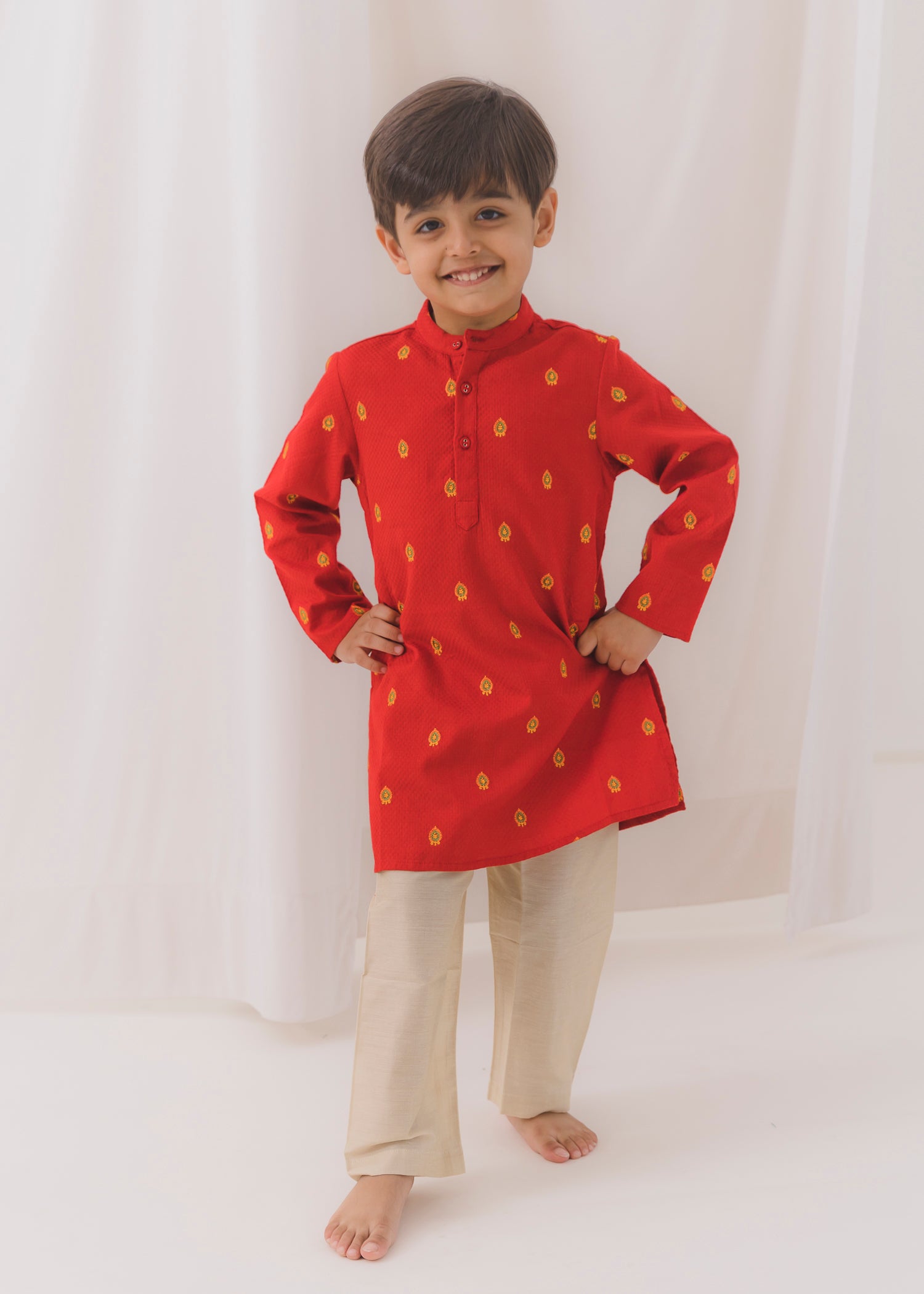 Embroidered Dobby Cotton Kurta-Red (6 Month to 14 Year)
