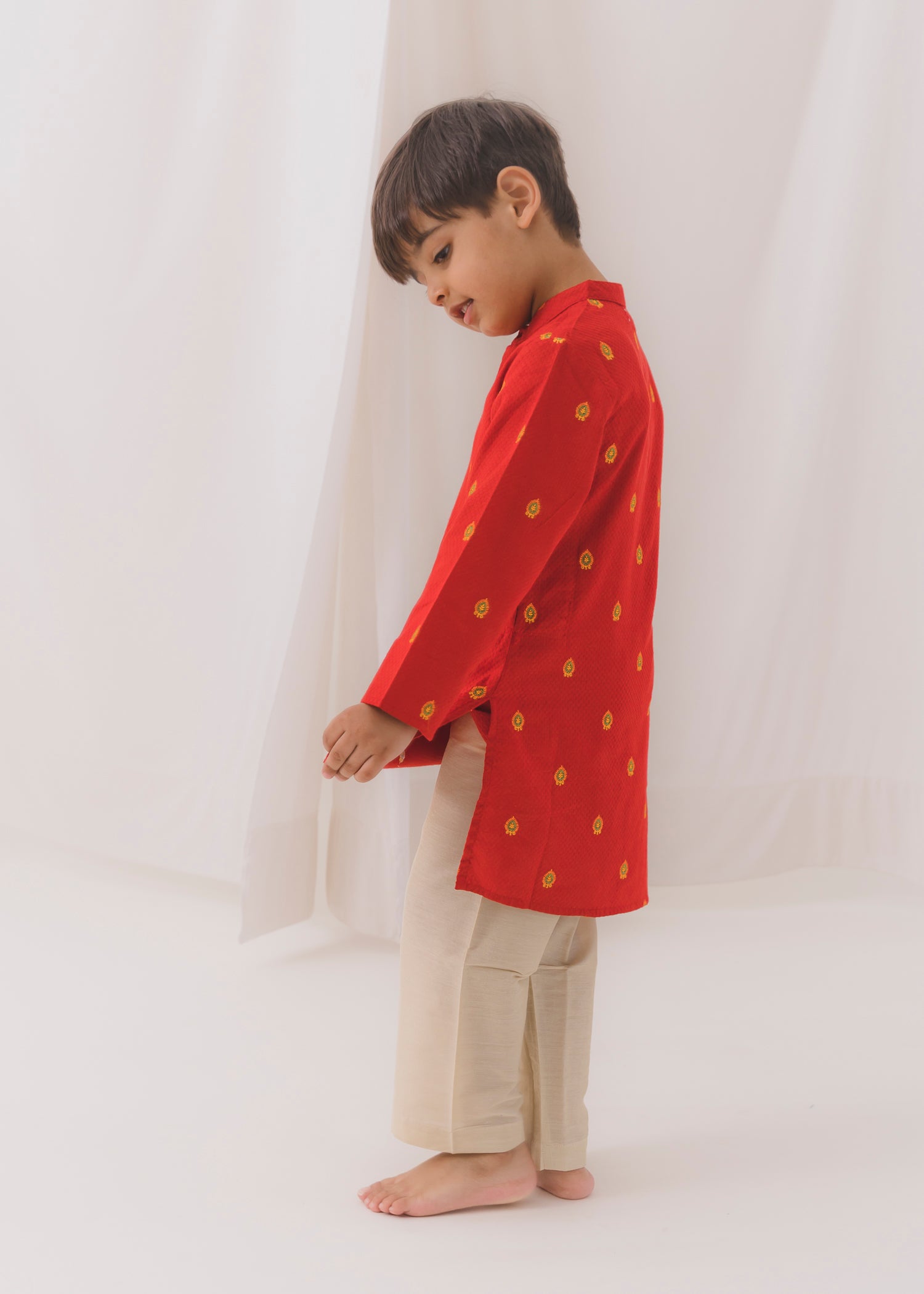 Embroidered Dobby Cotton Kurta-Red (6 Month to 14 Year)