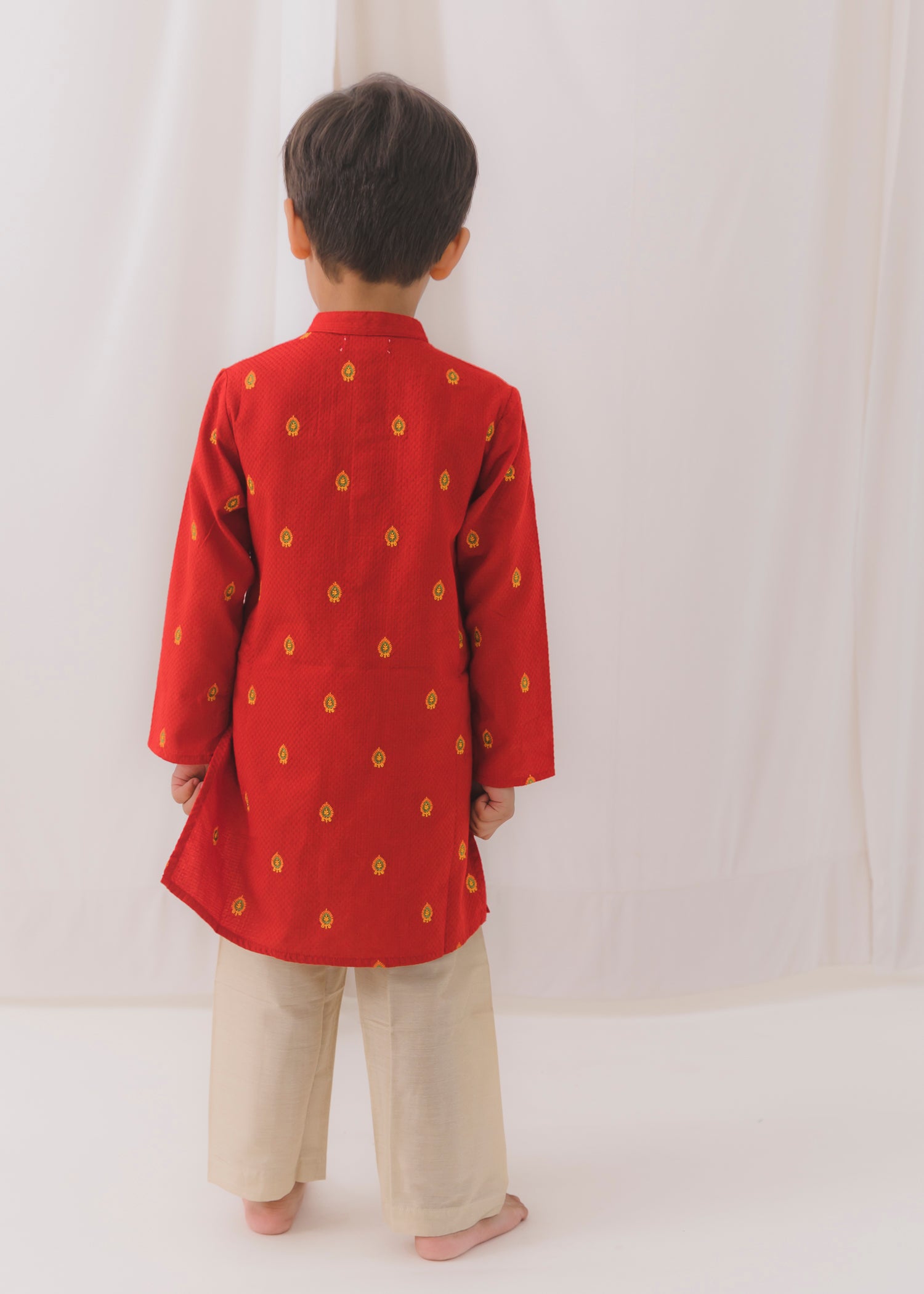 Embroidered Dobby Cotton Kurta-Red (6 Month to 14 Year)