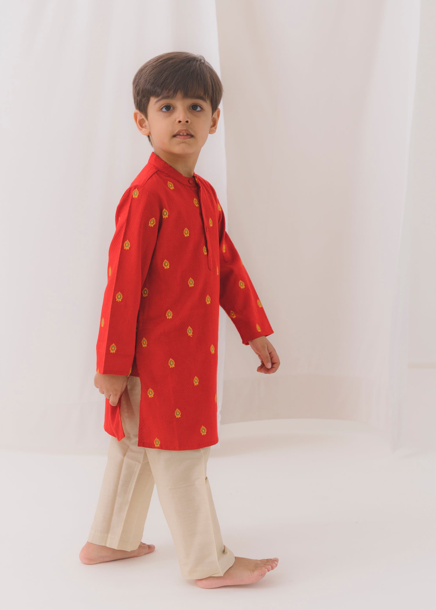 Embroidered Dobby Cotton Kurta-Red (6 Month to 14 Year)