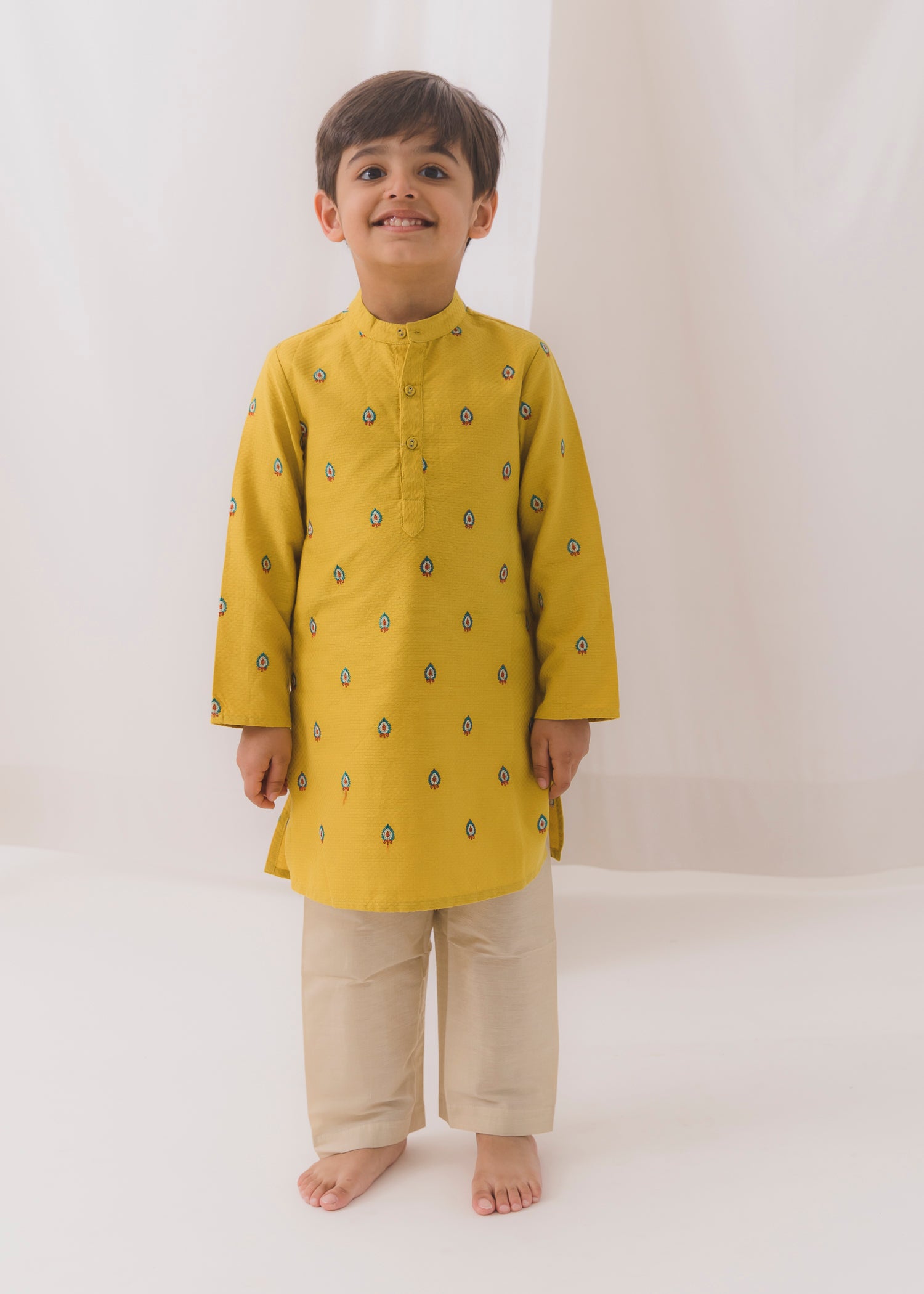 Embroidered Cotton Dobby Kurta-Mustard (6 Month to 14 Year)
