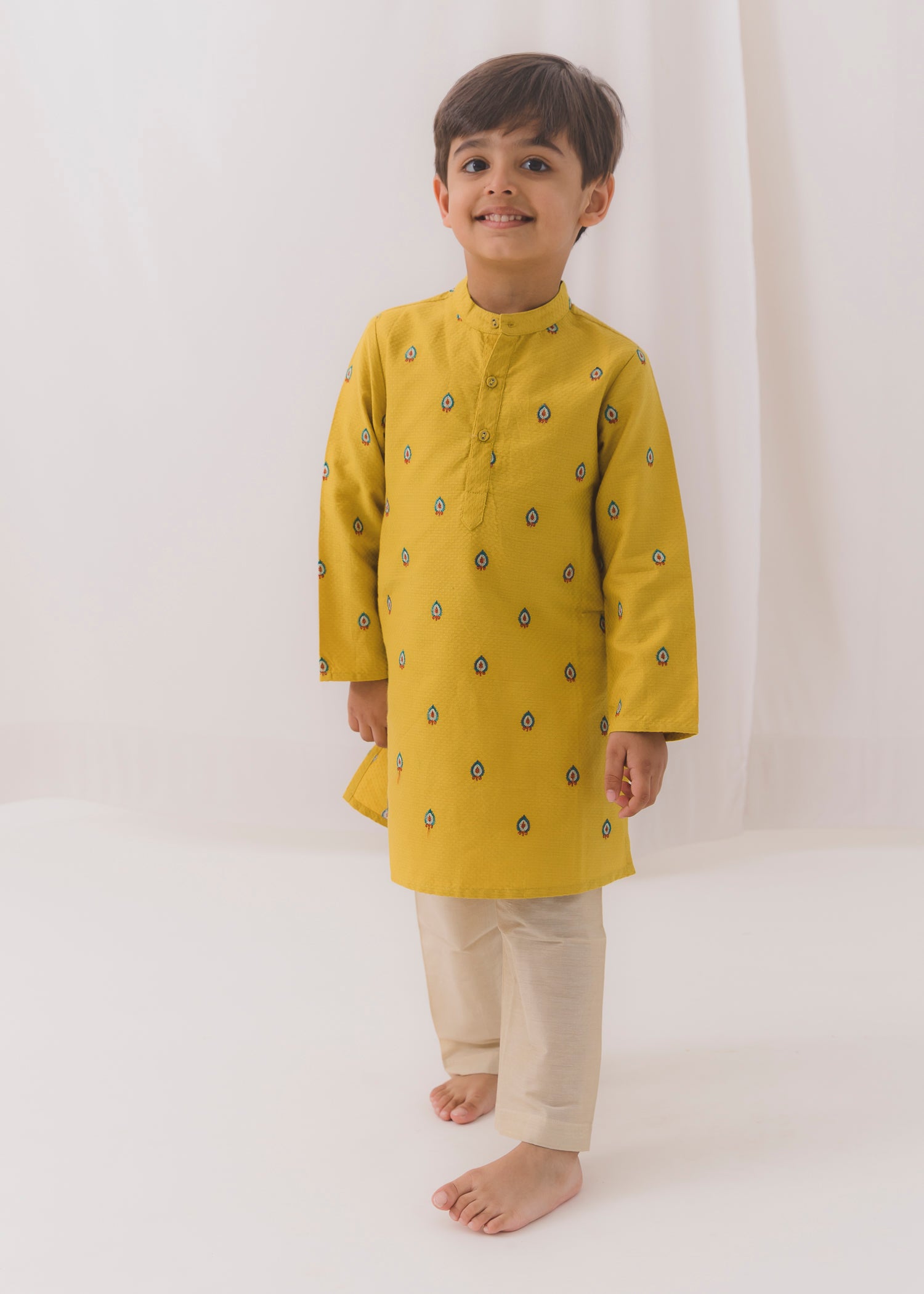 Embroidered Cotton Dobby Kurta-Mustard (6 Month to 14 Year)