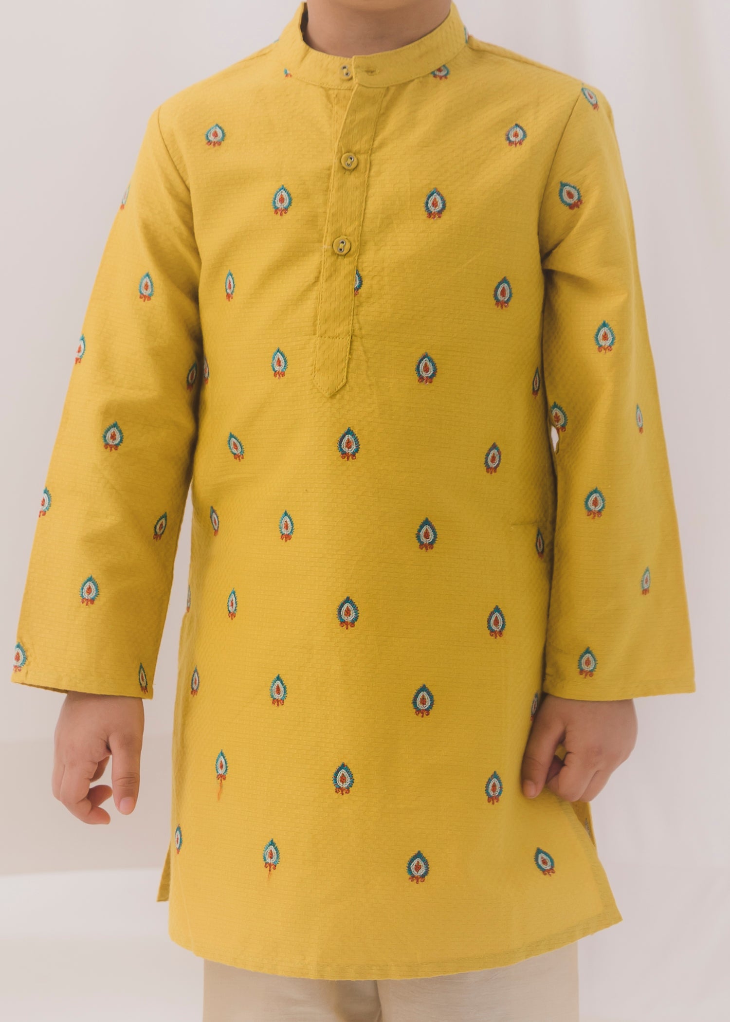 Embroidered Cotton Dobby Kurta-Mustard (6 Month to 14 Year)