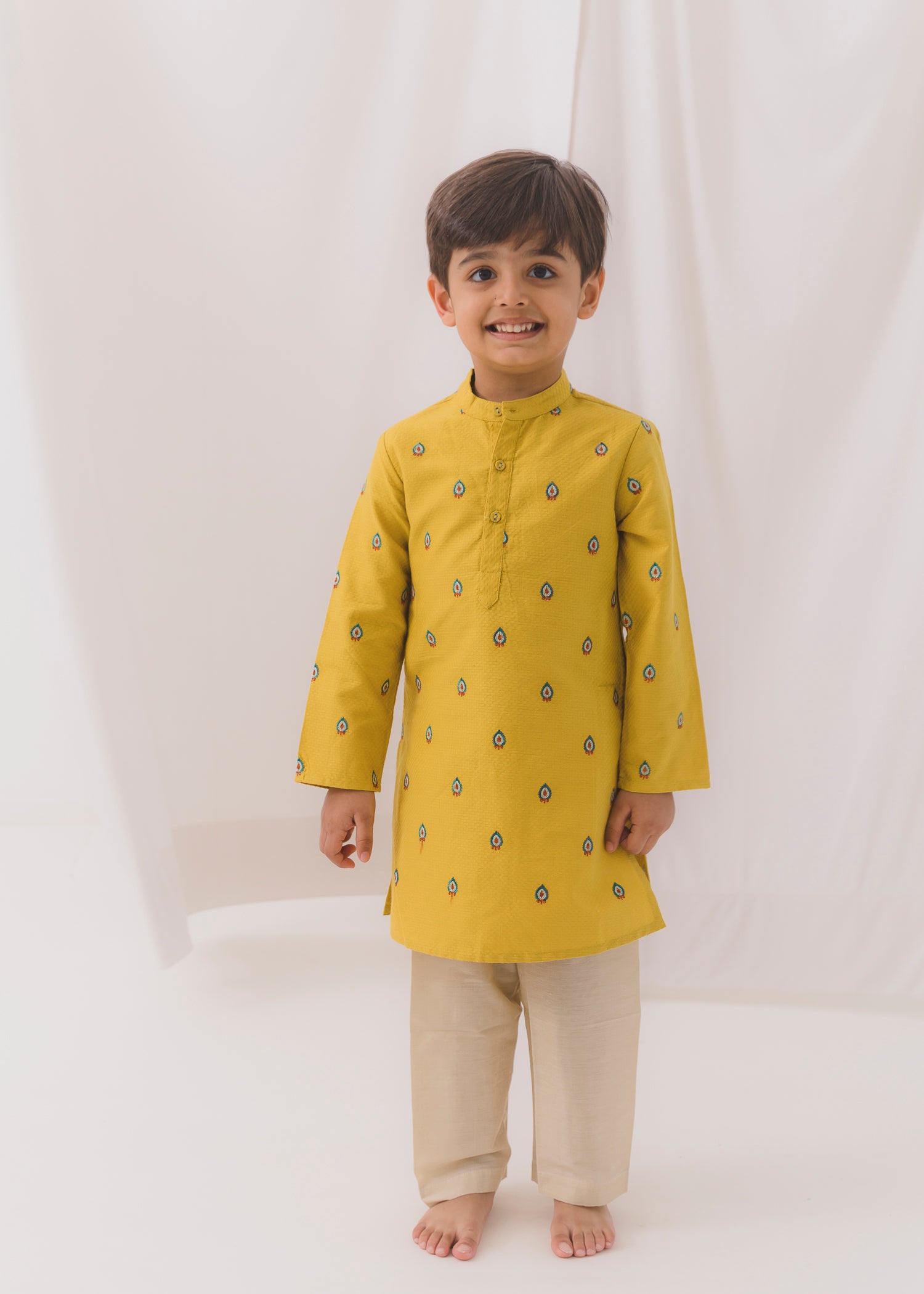 Embroidered Cotton Dobby Kurta-Mustard (6 Month to 14 Year)