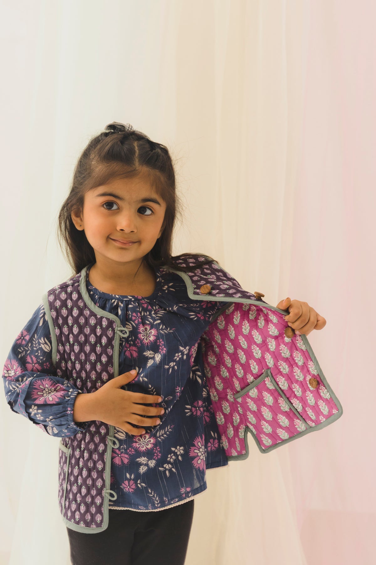 Abha Cotton Reversible Bundi Jacket Unisex – Pink/Purple (6 Months to 9 Years)
