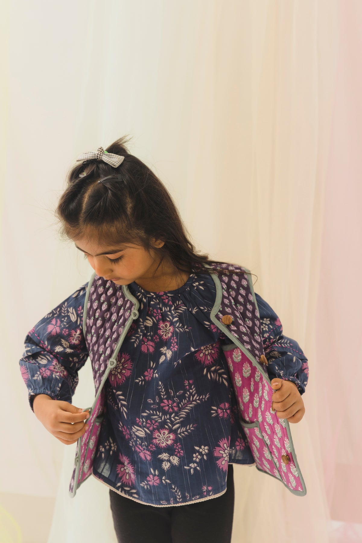 Abha Cotton Reversible Bundi Jacket Unisex – Pink/Purple (6 Months to 9 Years)