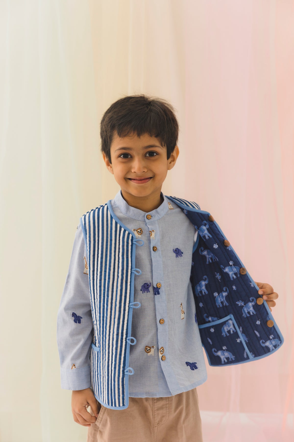 Airawat Cotton Reversible Bundi Jacket Unisex-Blue (6M-9 Years)
