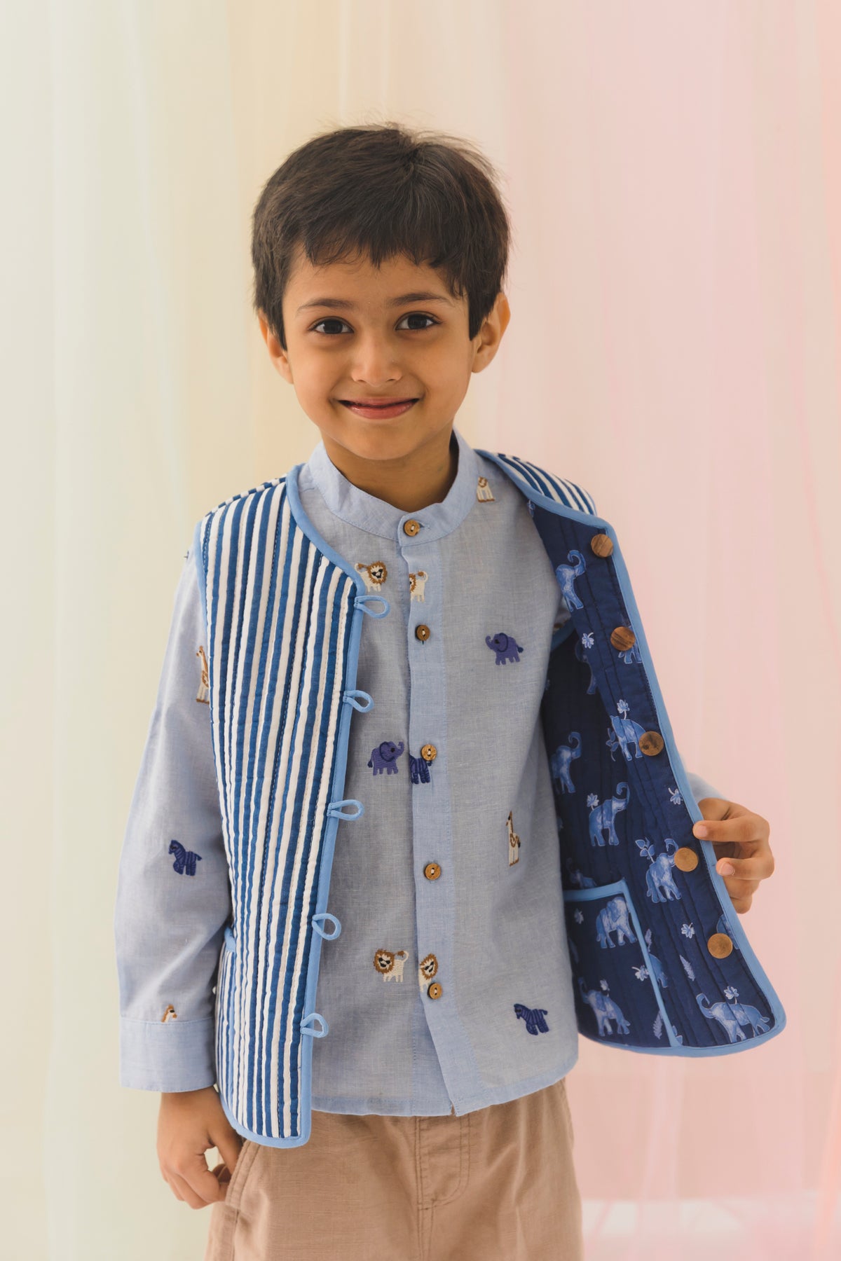 Airawat Cotton Reversible Bundi Jacket Unisex-Blue (6M-9 Years)
