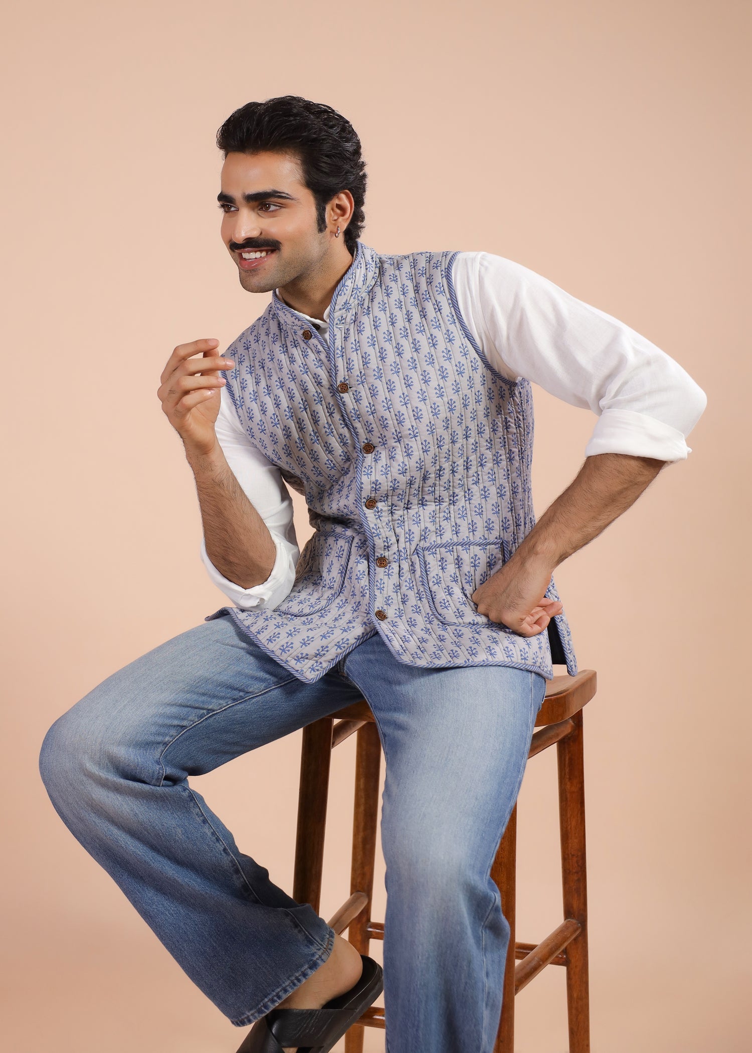 Printed Voile Reversible Jacket – Blue