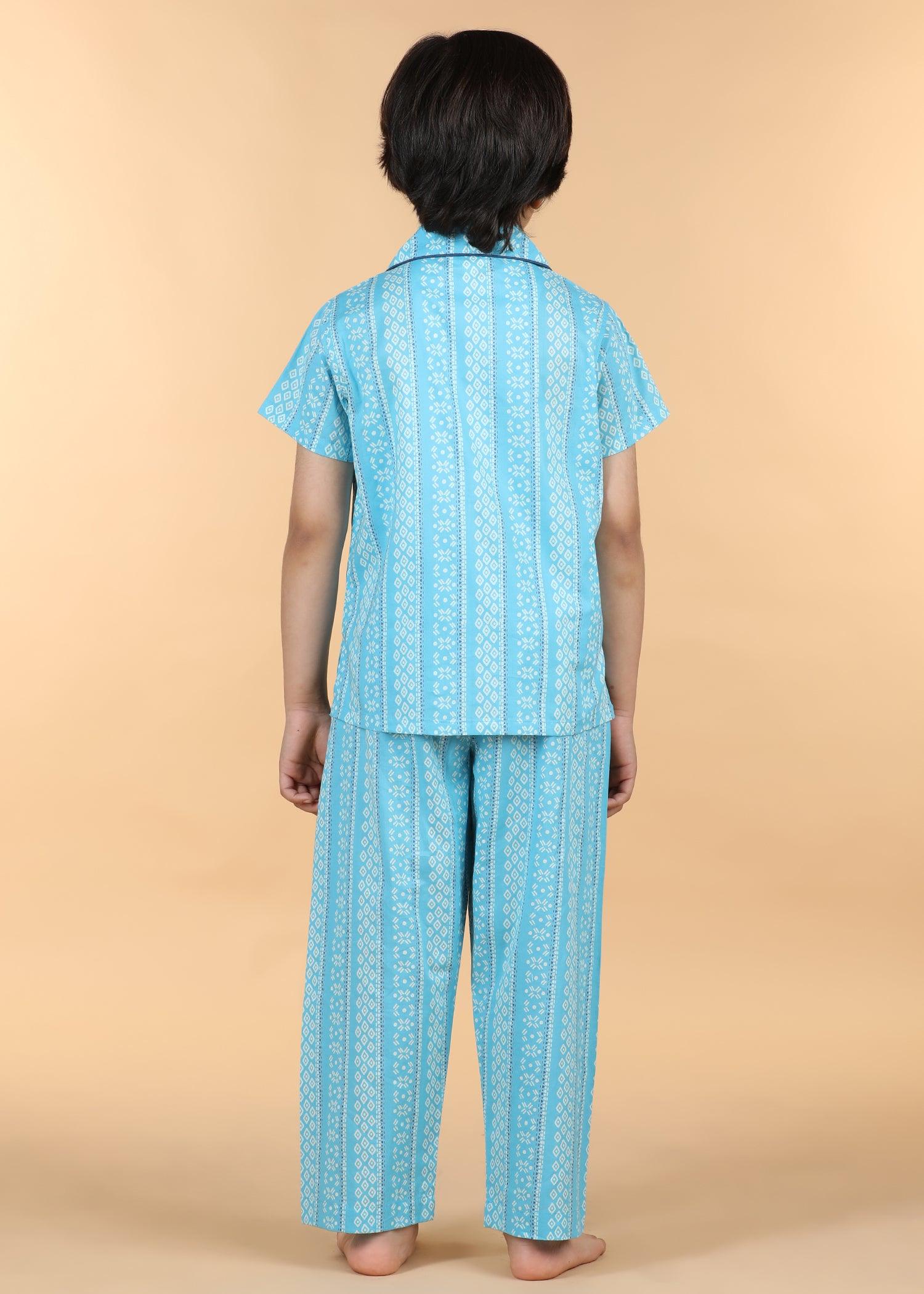 Diamond Stripe Blue Half Sleeves Cotton Unisex Nightsuit (1-12 Yrs) Ratan Texprocess Pvt. Ltd