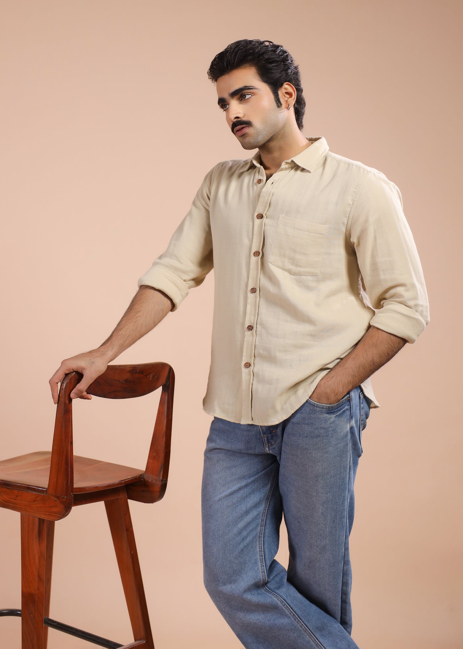 Full Sleeves Collar Shirt-Beige