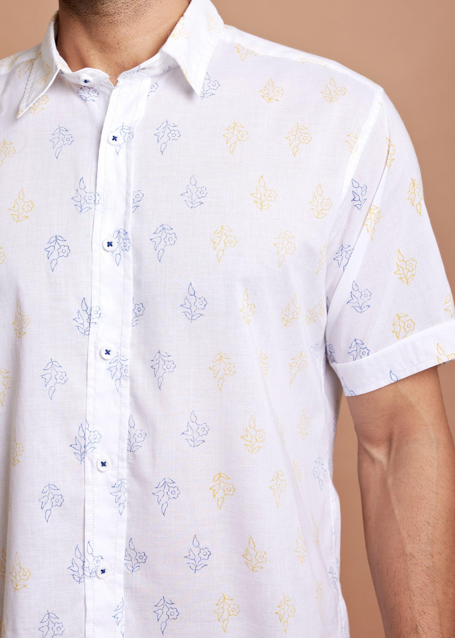 White Yellow & Blue Regular Cotton Half Sleeve Shirt Ratan Texprocess Pvt. Ltd