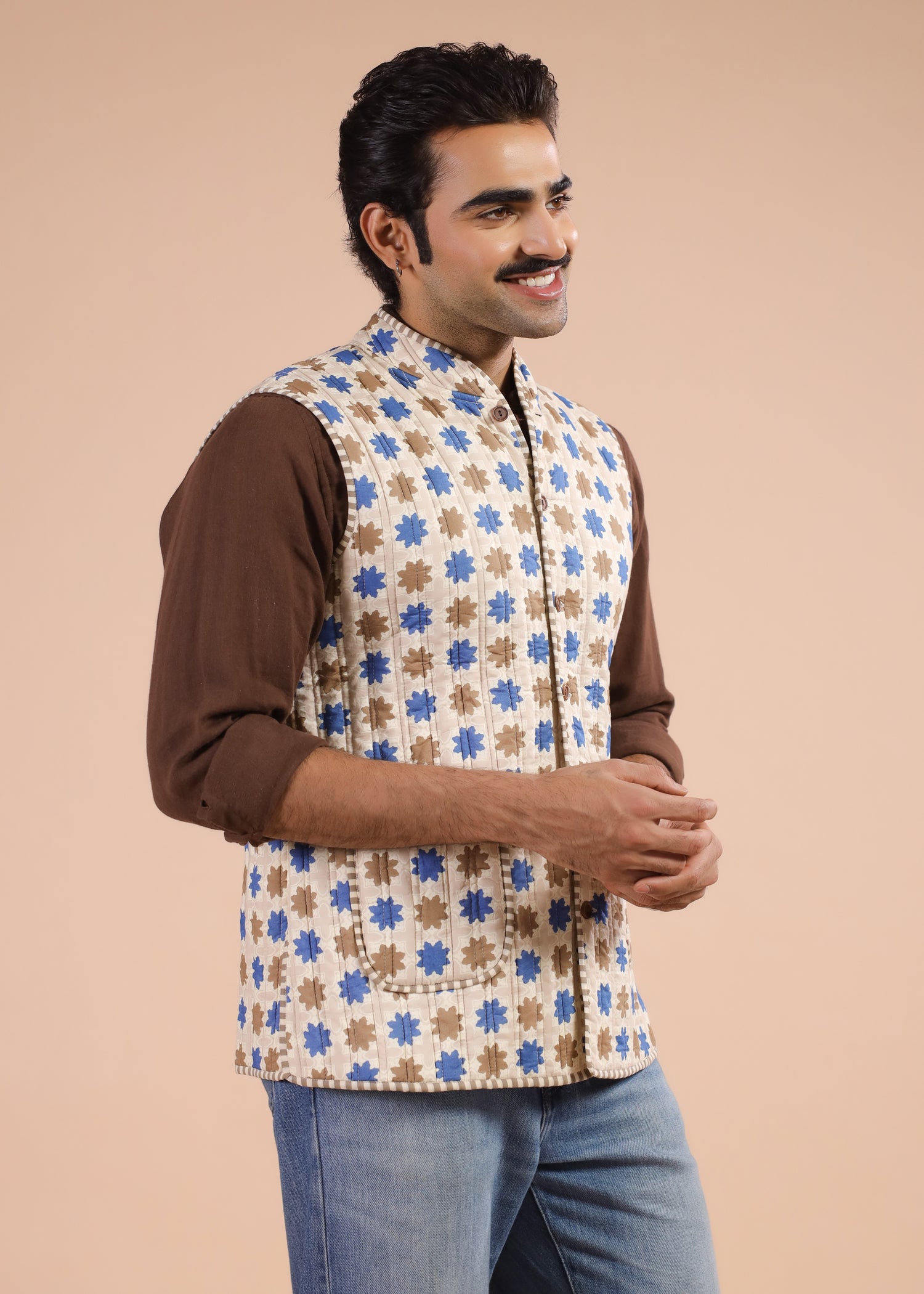 Printed Voile Reversible Jacket – Beige/Blue