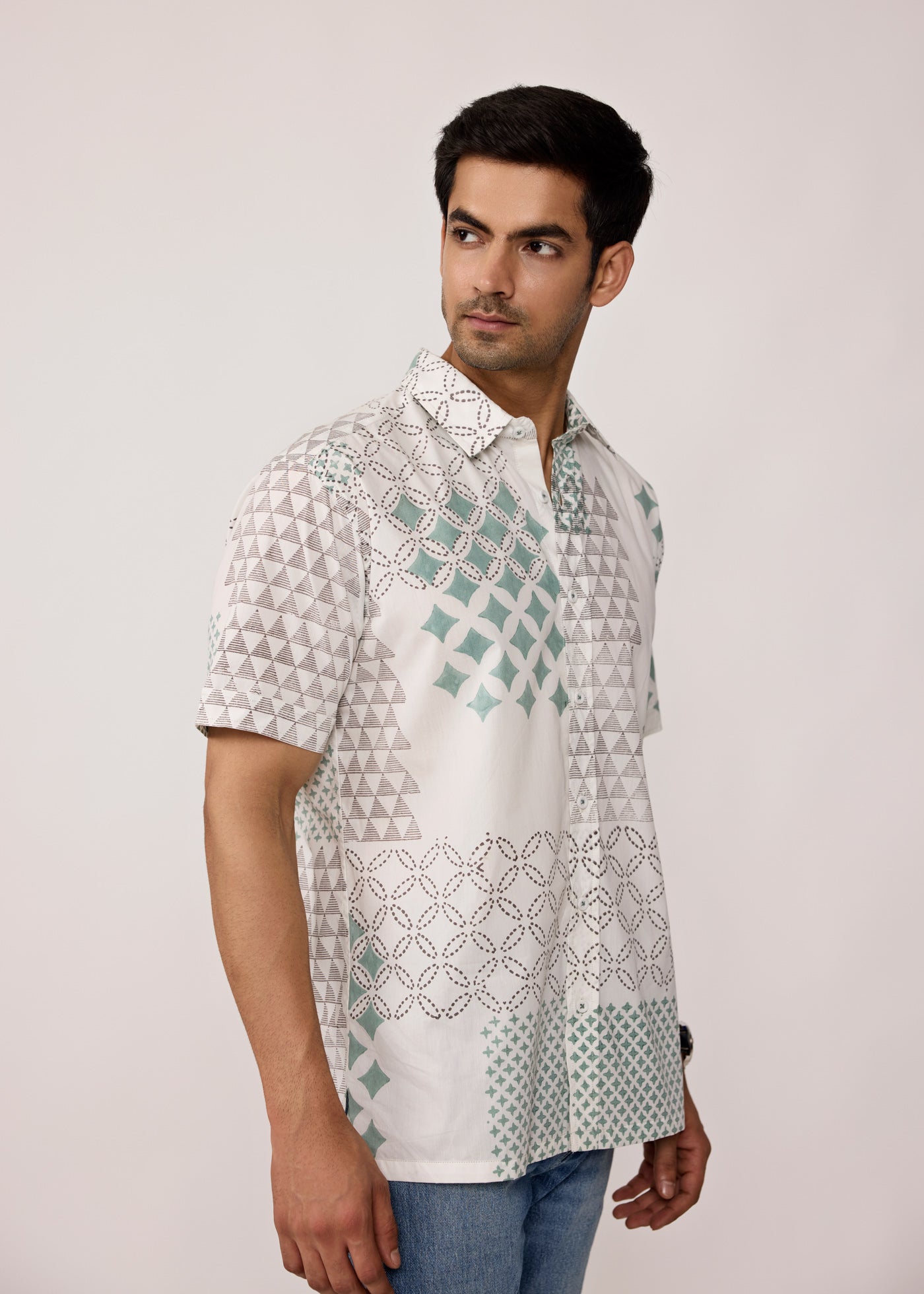 Half Sleeves Shirt-White/Aqua Green