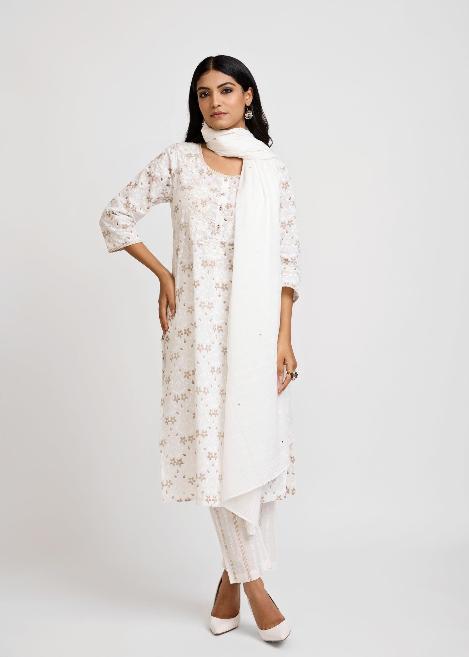 Raagini White & Beige Cotton Long Kurta Ratan Texprocess Pvt. Ltd