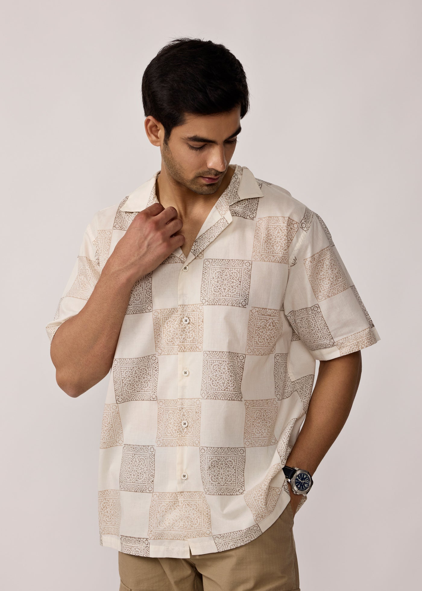 Club Half Sleeves Shirt-Beige/Brown