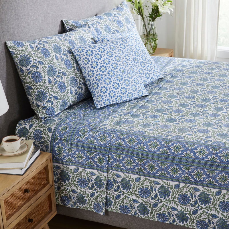 Floral Harmony Blue & Green Hand Block Printed Cotton Bedcover