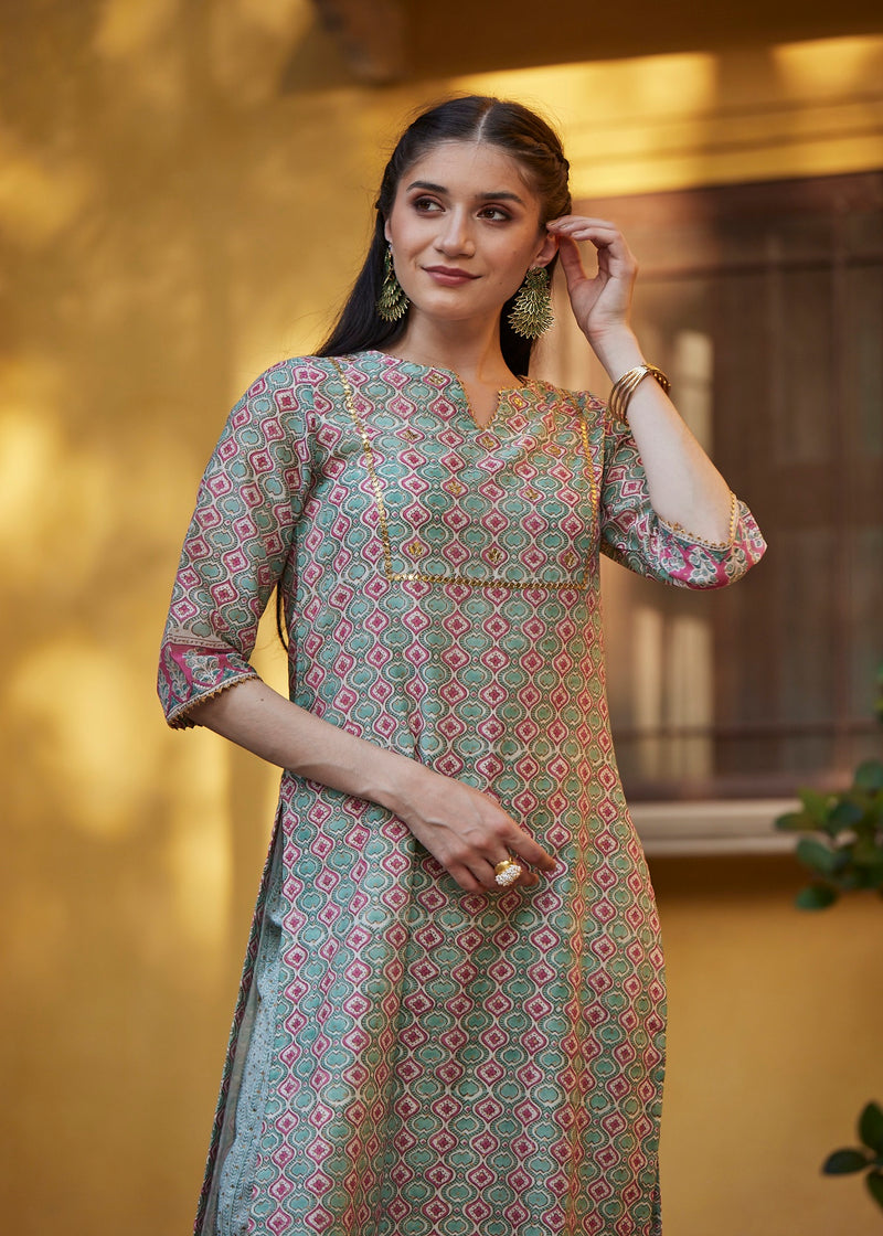 Turquoise/Pink Chanderi Regular Kurta | Vibrant Ethnic Wear | Ratan Jaipur