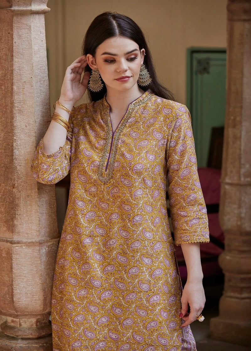 Yellow Chanderi Lotus Kurta | Premium Kurta | Ratan Jaipur