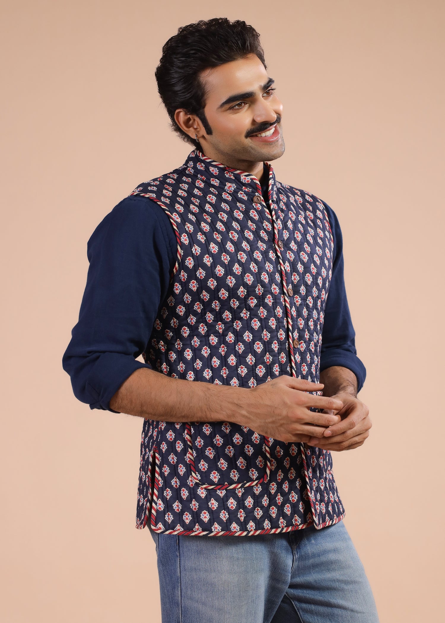 Printed Voile Reversible Jacket – Navy Red