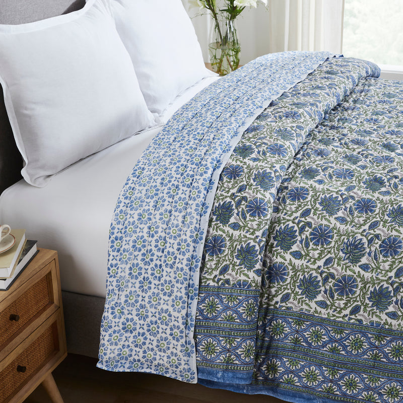 Floral Harmony Blue & Green Hand Block Print Lightweight Cotton Quilt