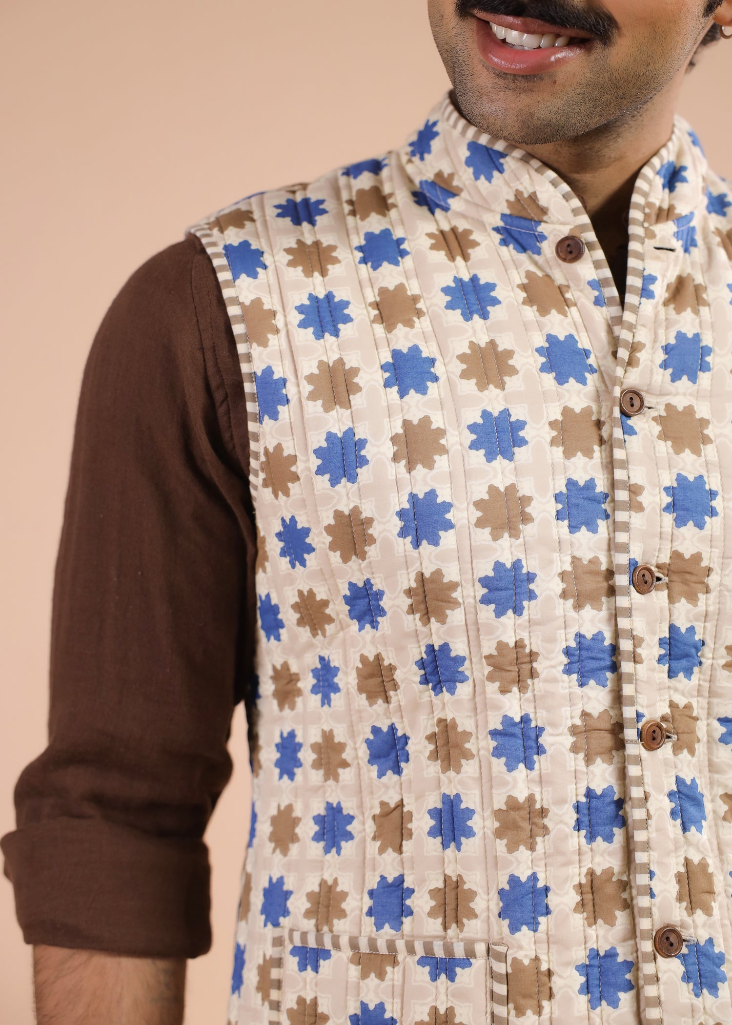 Printed Voile Reversible Jacket – Beige/Blue