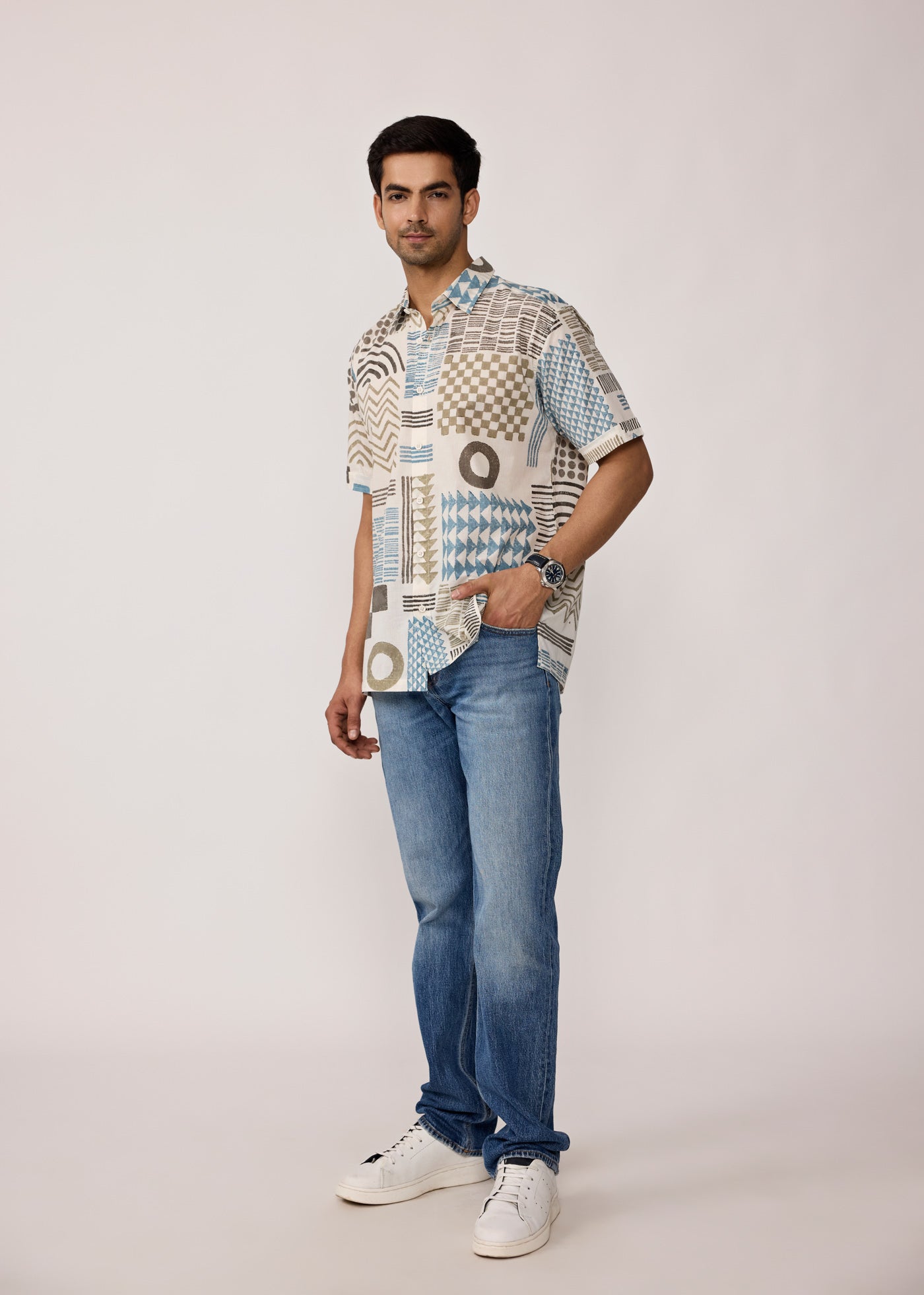 Half Sleeves Shirt-Blue/Grey