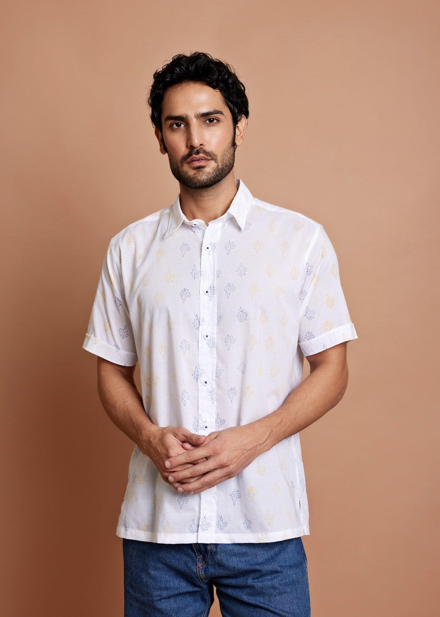 White Yellow & Blue Regular Cotton Half Sleeve Shirt Ratan Texprocess Pvt. Ltd