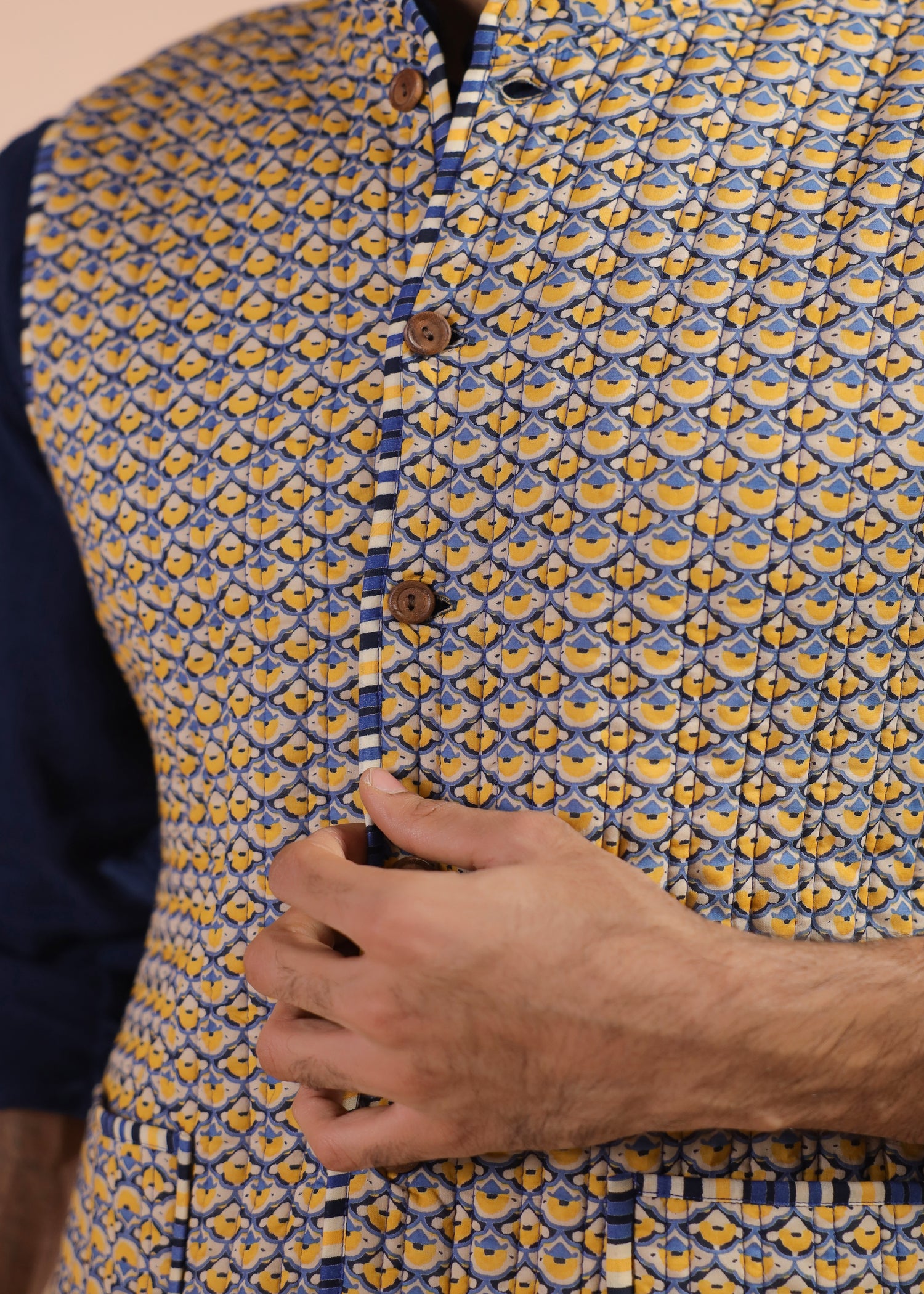 Printed Voile Reversible Jacket – Yellow/Blue