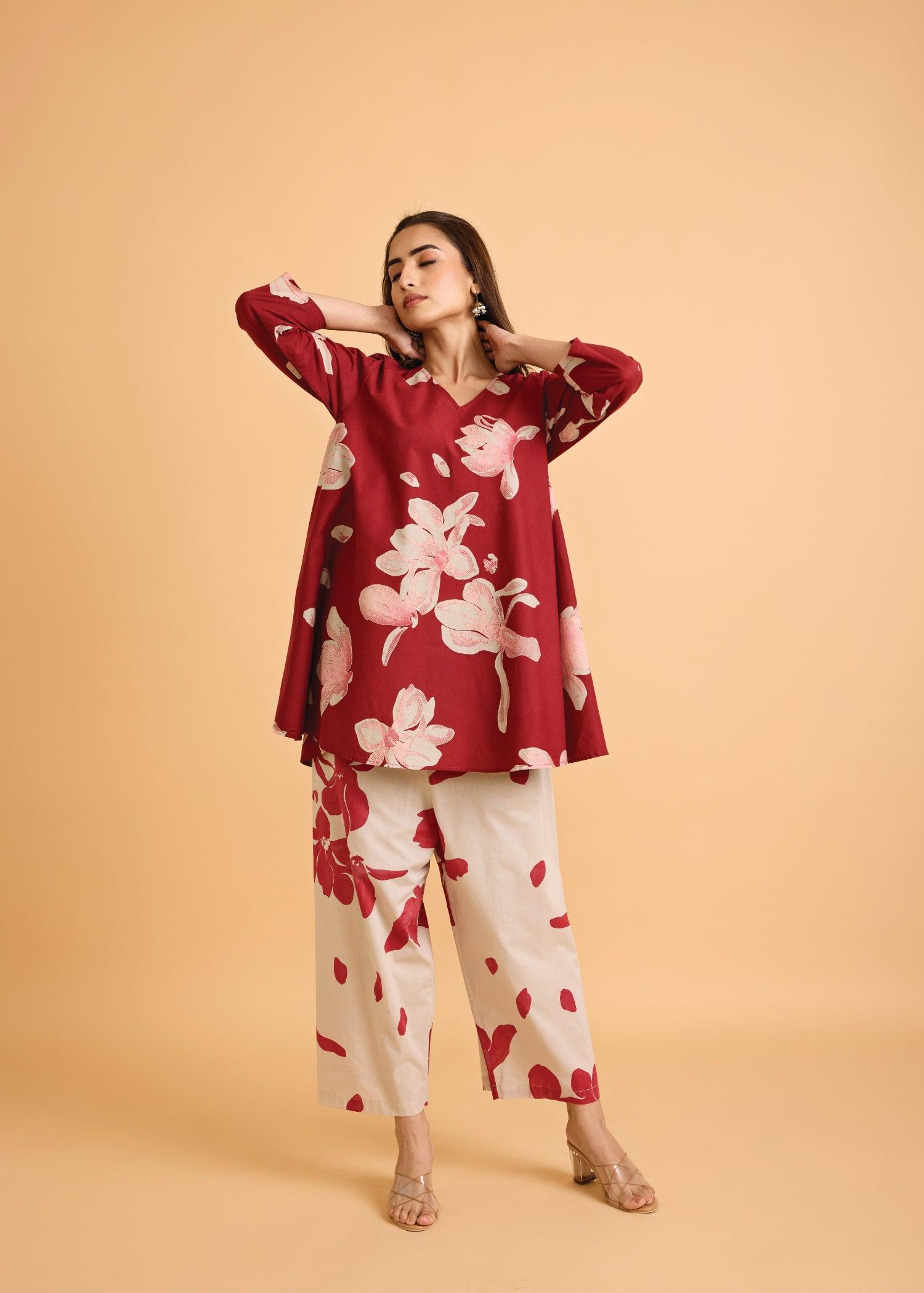 Maroon Flared Cotton Zubeida Tunic Set Ratan Texprocess Pvt. Ltd