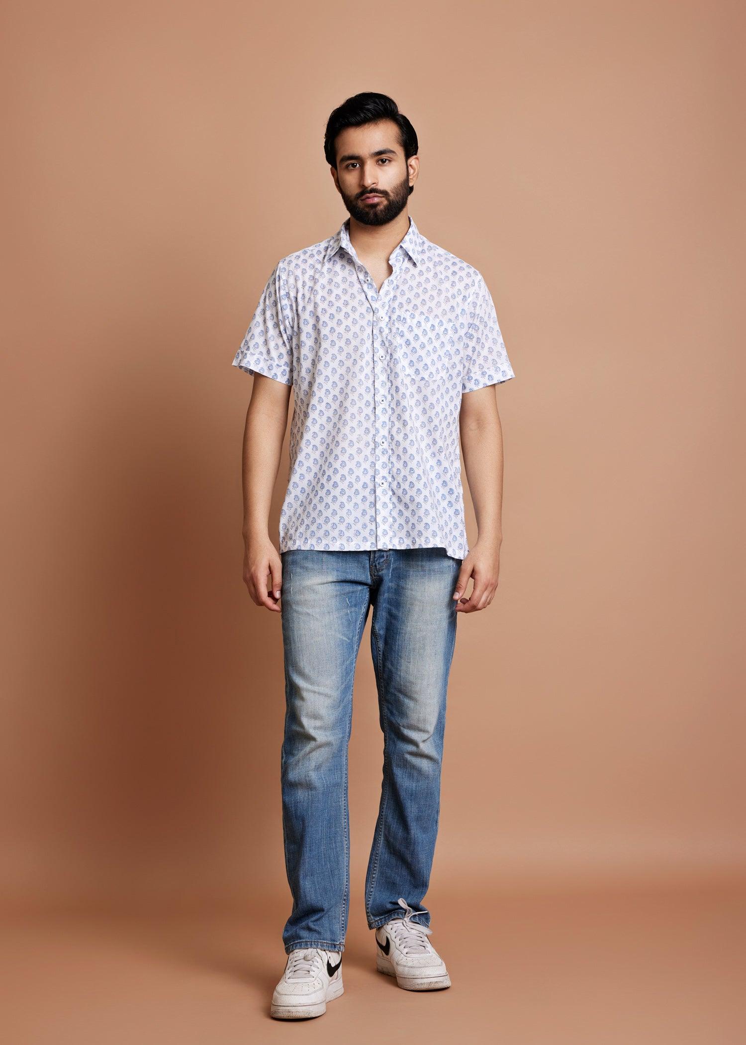 White & Moonlight Blue Regular Cotton Half Sleeve Shirt Ratan Texprocess Pvt. Ltd