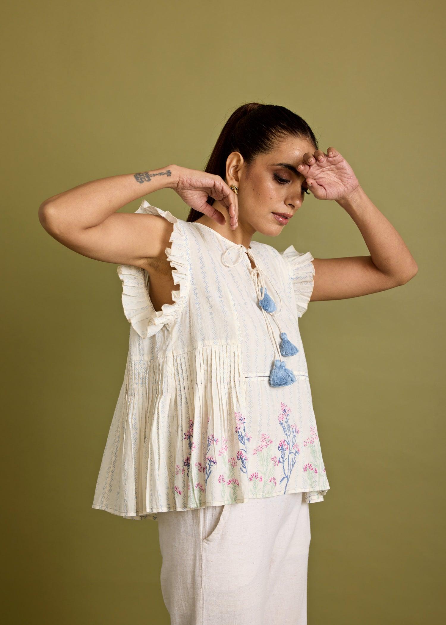 Creme Cotton Pleated Frill Top Ratan Texprocess Pvt. Ltd