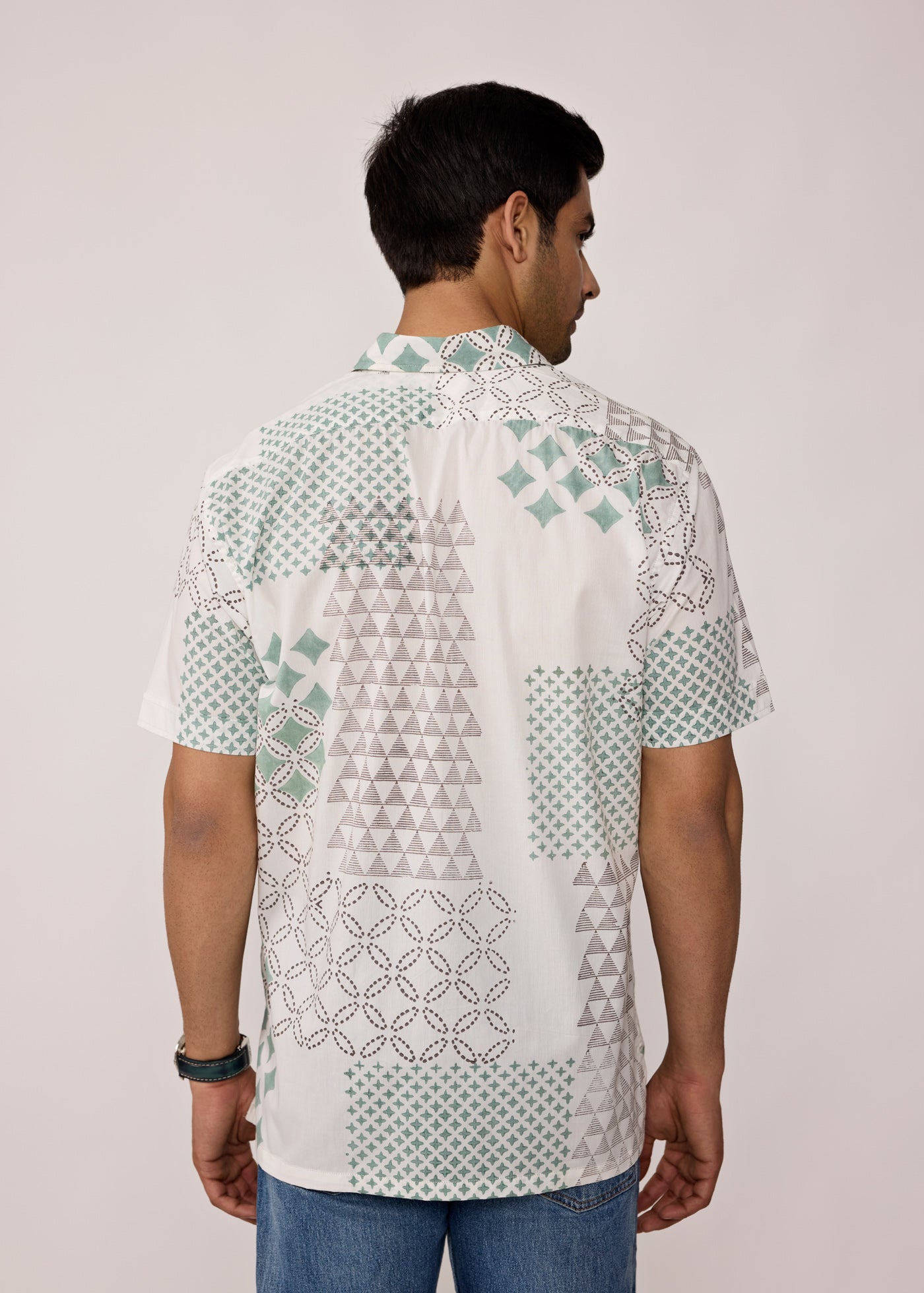 Half Sleeves Shirt-White/Aqua Green