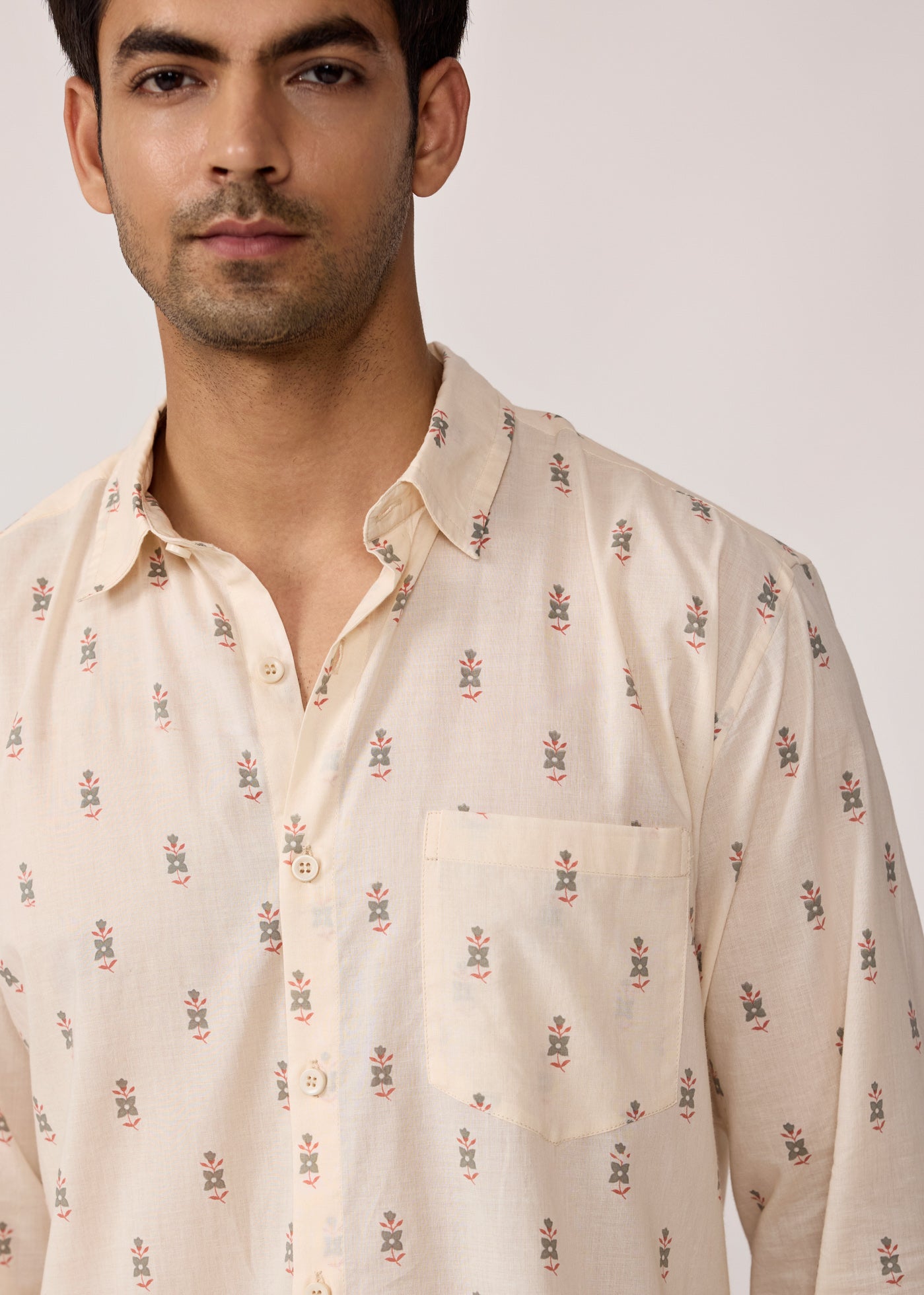 Full Sleeves Collar Shirt-Creme/Grey