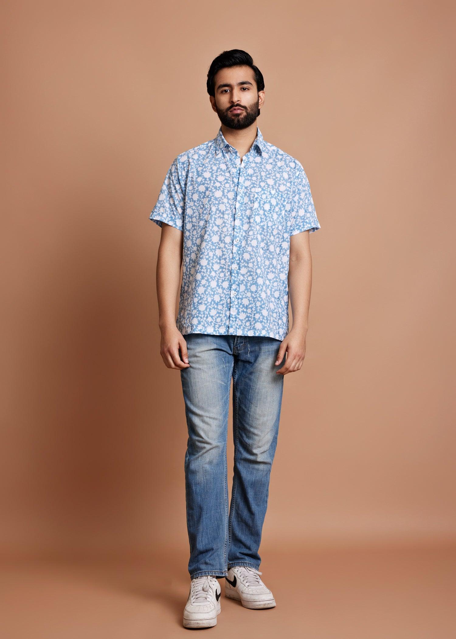 White & Aqua Blue Regular Cotton Half Sleeve Shirt Ratan Texprocess Pvt. Ltd
