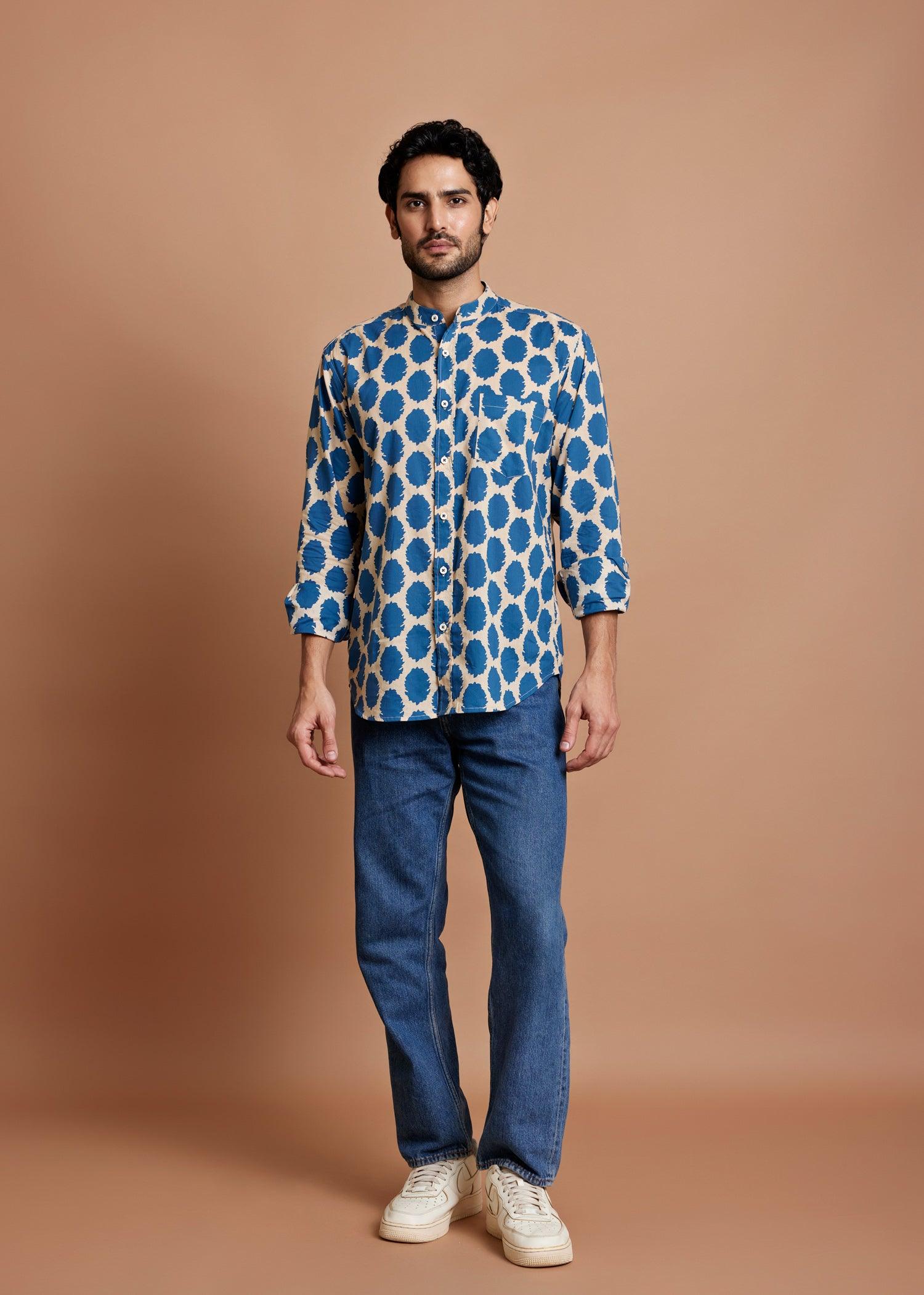 Cream & Blue Regular Cotton Full Sleeve Shirt Ratan Texprocess Pvt. Ltd