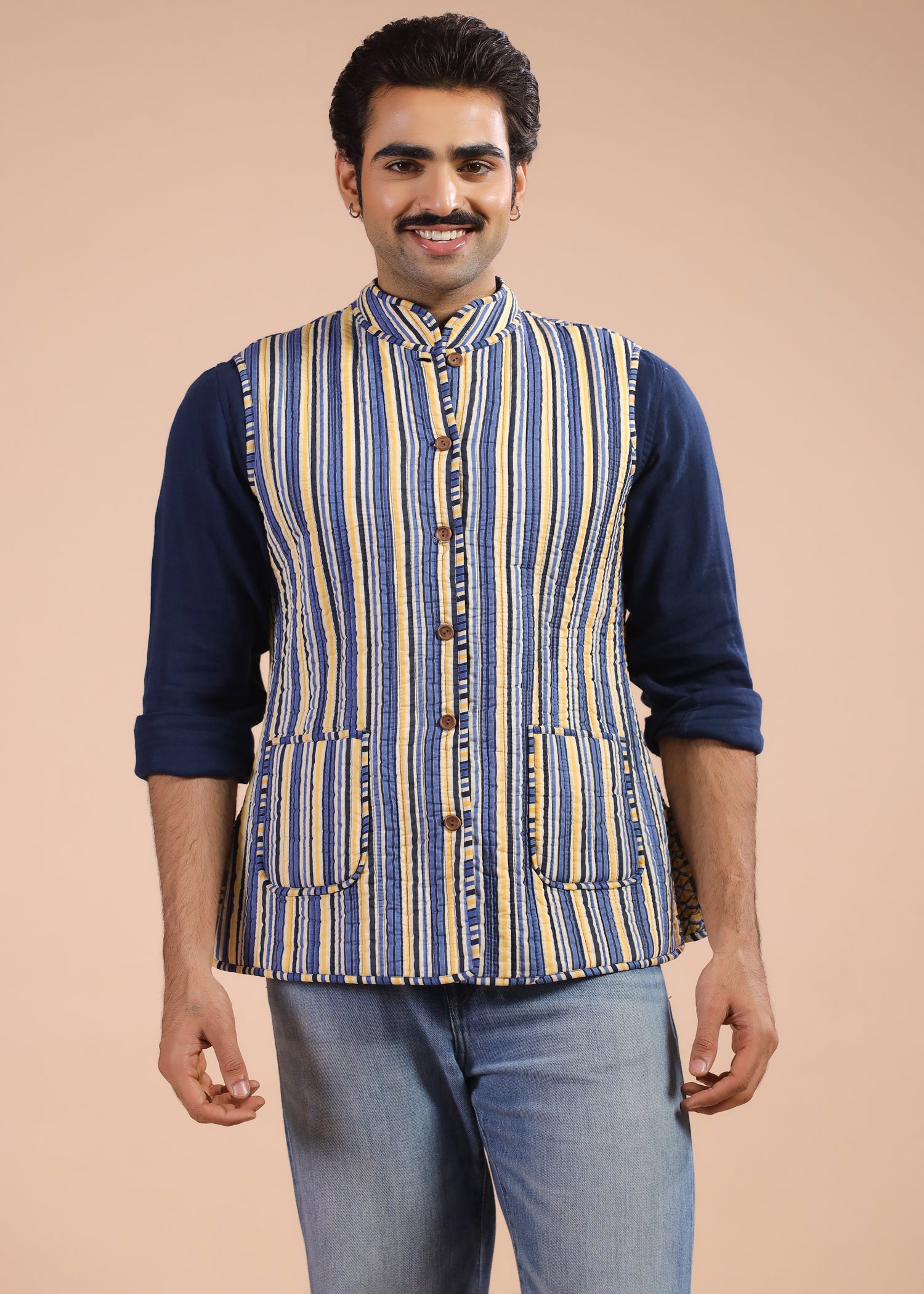 Printed Voile Reversible Jacket – Yellow/Blue