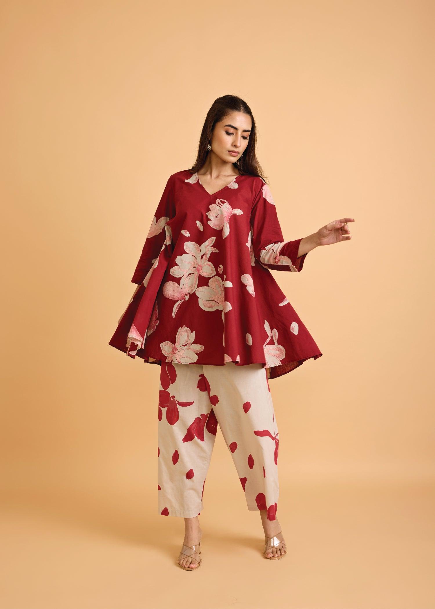 Maroon Flared Cotton Zubeida Tunic Set Ratan Texprocess Pvt. Ltd