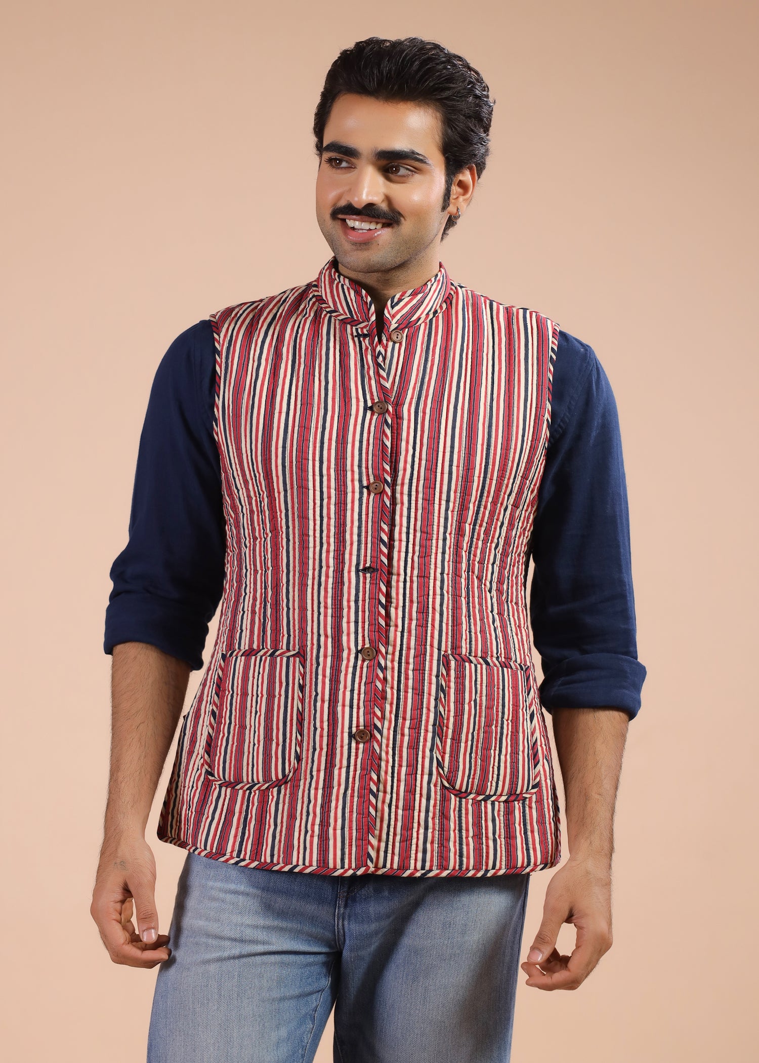 Printed Voile Reversible Jacket – Navy Red