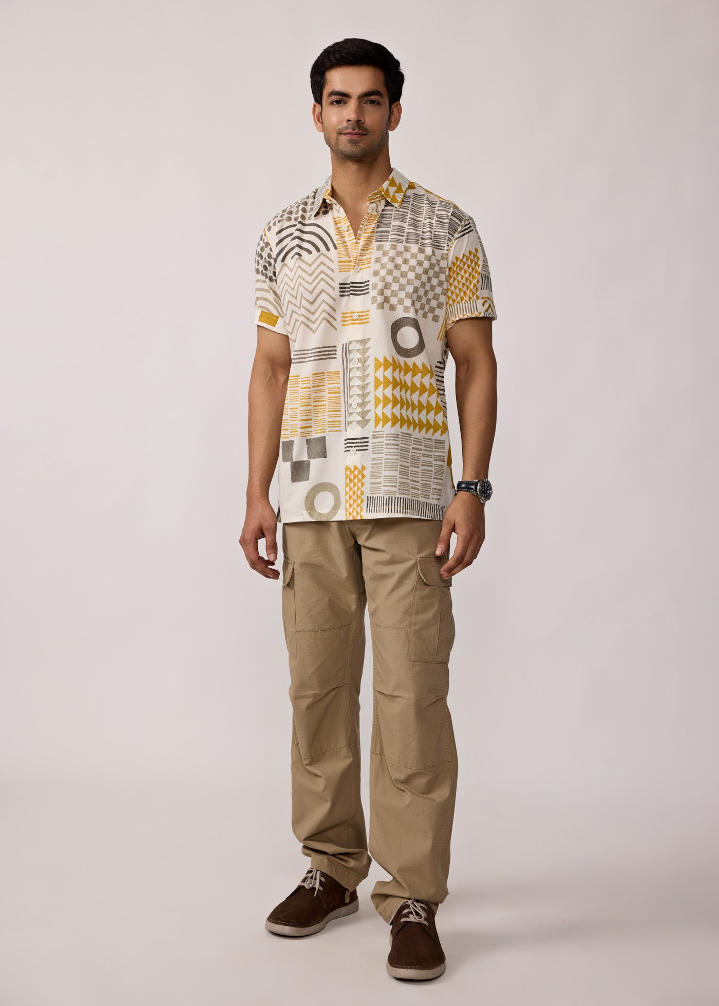 Half Sleeves Shirt-Yellow/Grey