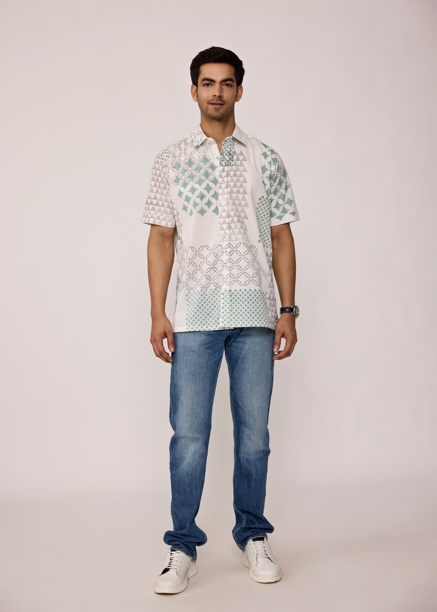Half Sleeves Shirt-White/Aqua Green