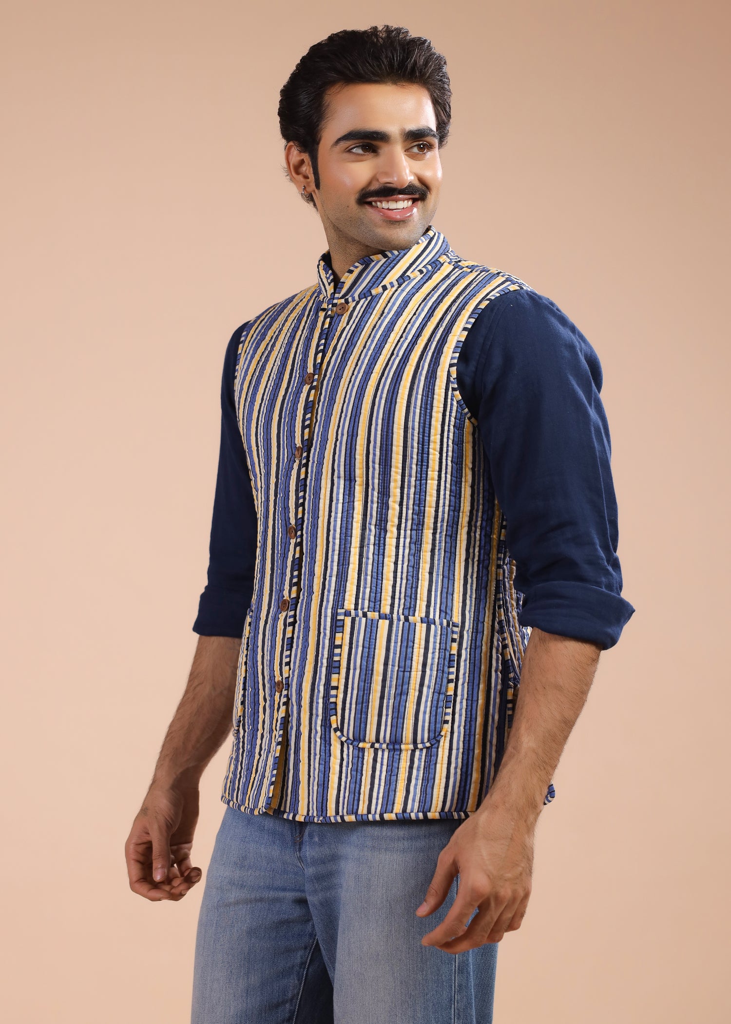 Printed Voile Reversible Jacket – Yellow/Blue