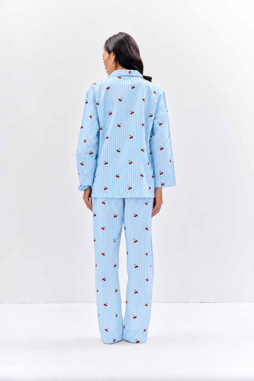 Cherry Print Cotton Night Suit Set-Aqua Blue