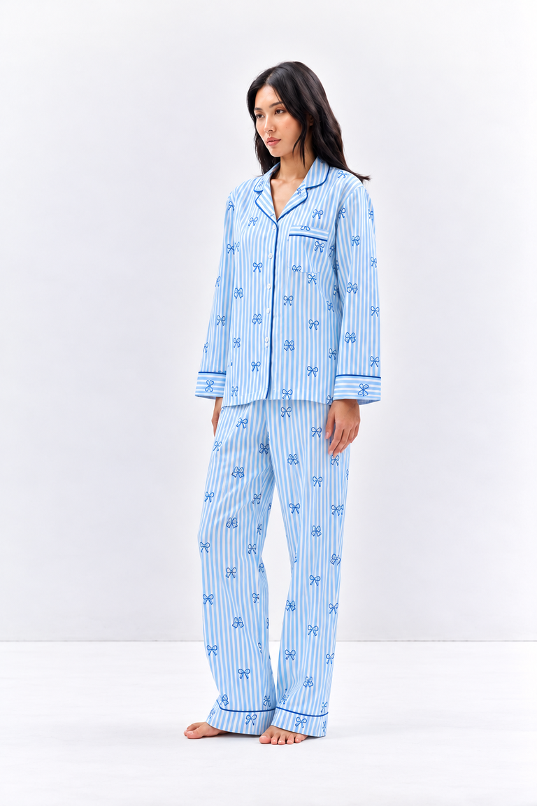 Bow Print Cotton Night Suit Set-Blue